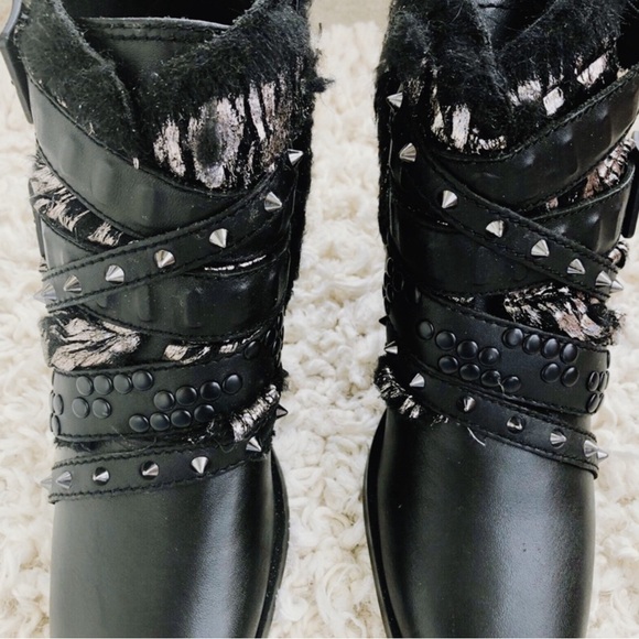 Kelsi Dagger Studded Metallic Faux Fur Ankle Black Leather Boot Women Sizes NWOB - Picture 8 of 14
